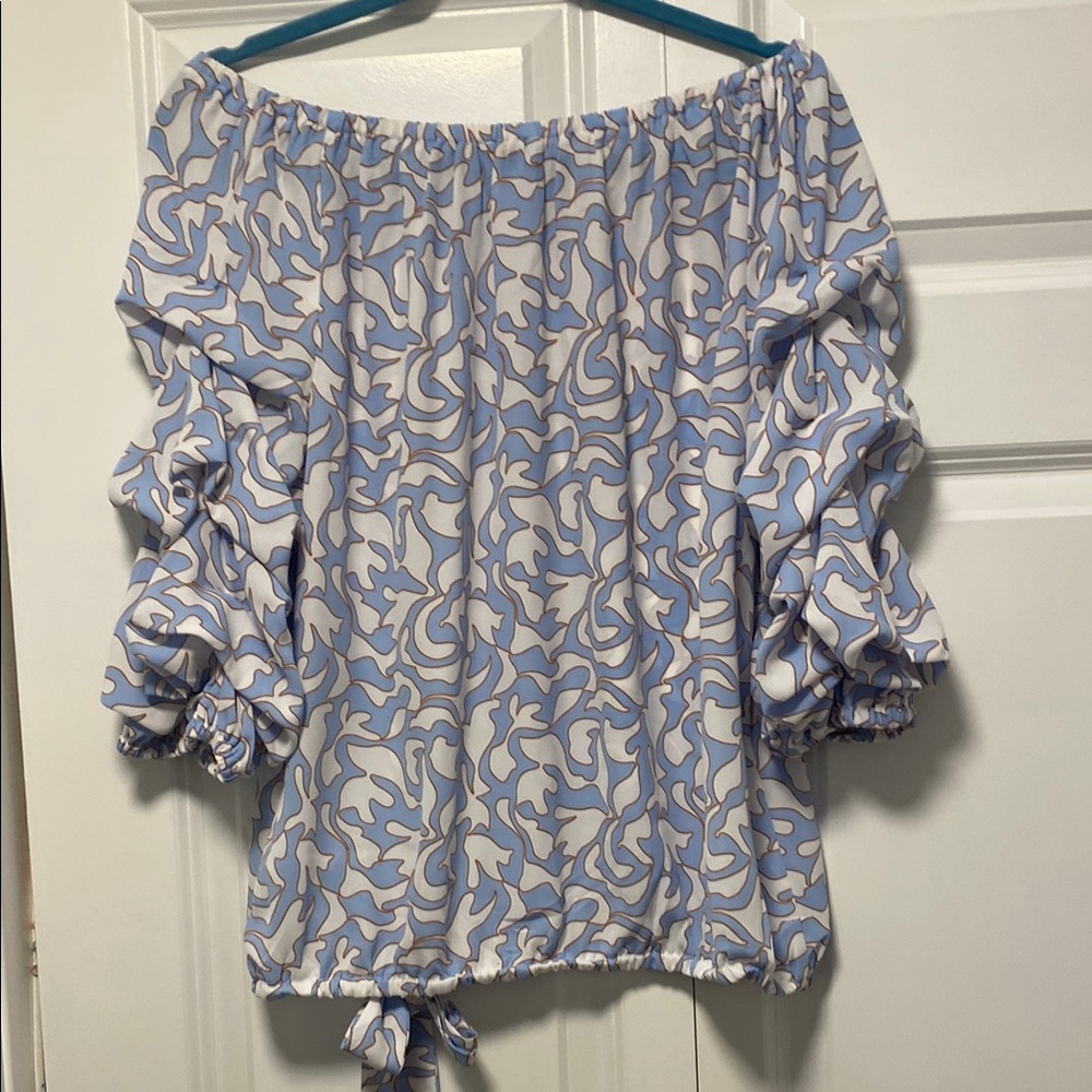 Blue and White Off-Shoulder Women's Top - Picture 3 of 3